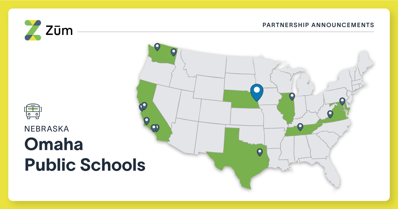 Map of the U.S. highlighting Omaha Public Schools partnership with Zum in Nebraska.