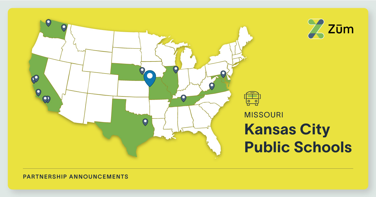 Map of the U.S. highlighting Kansas City, Missouri, with Zum partnership markers for schools.