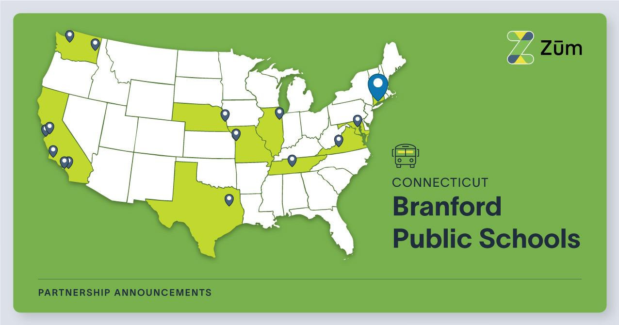 Map of the U.S. highlighting Branford Public Schools in Connecticut as a Zum partnership location.