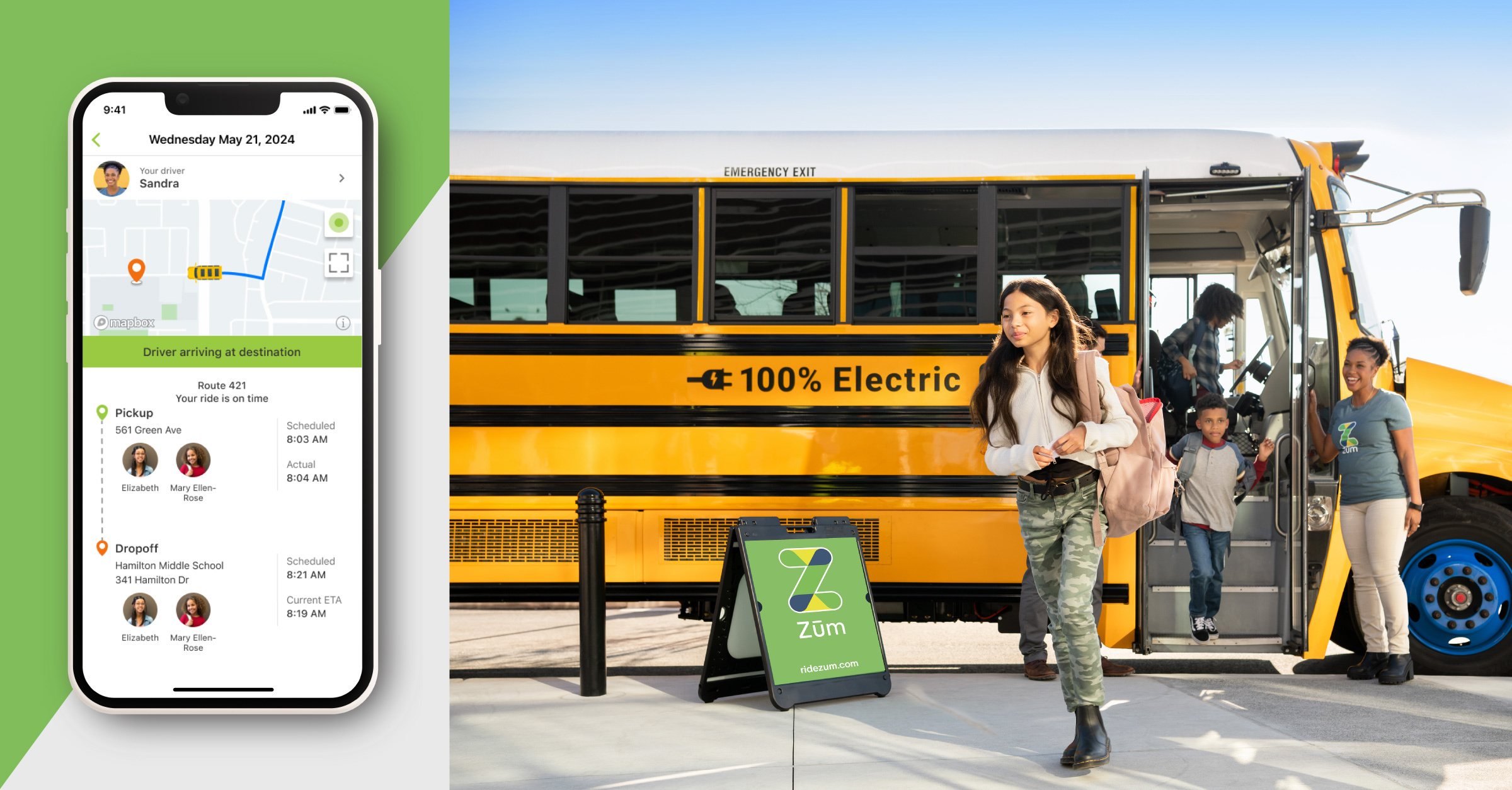 Students boarding a yellow electric bus, with a tracking app interface displayed alongside.