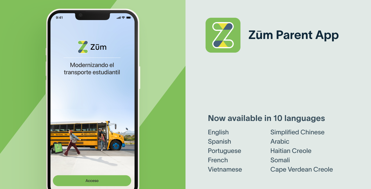 Zum Parent App welcome screen showcasing a yellow school bus with multilingual support text.