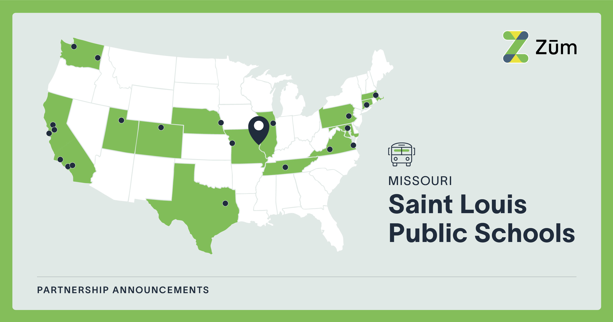 Map showing Saint Louis, Missouri, highlighted in relation to Zum's school transportation