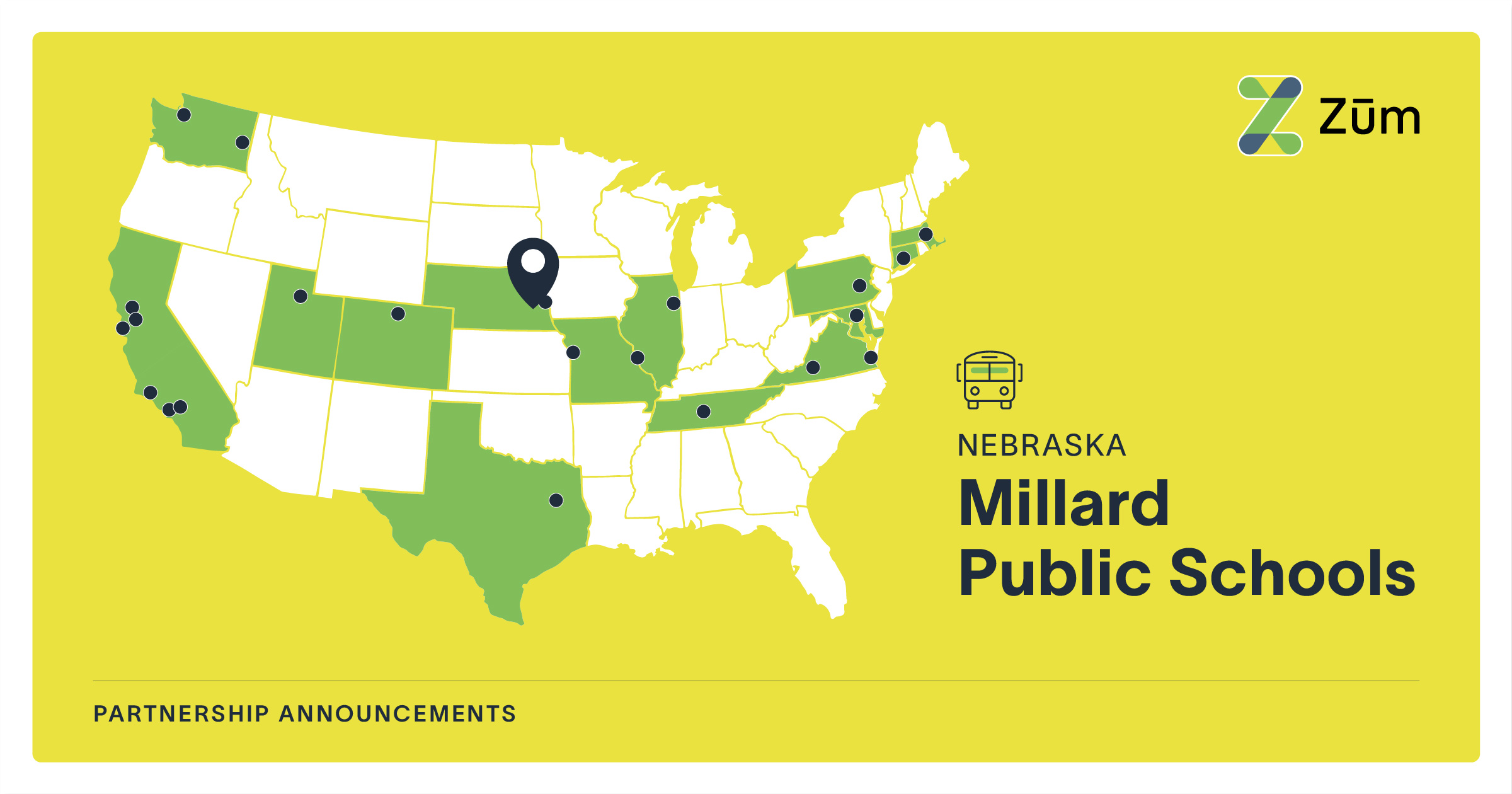 Map of the U.S. highlighting Nebraska's Millard Public Schools partnership with Zum.