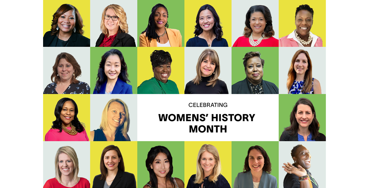 Collage of diverse women celebrating Women's History Month at Zum, smiling and representing