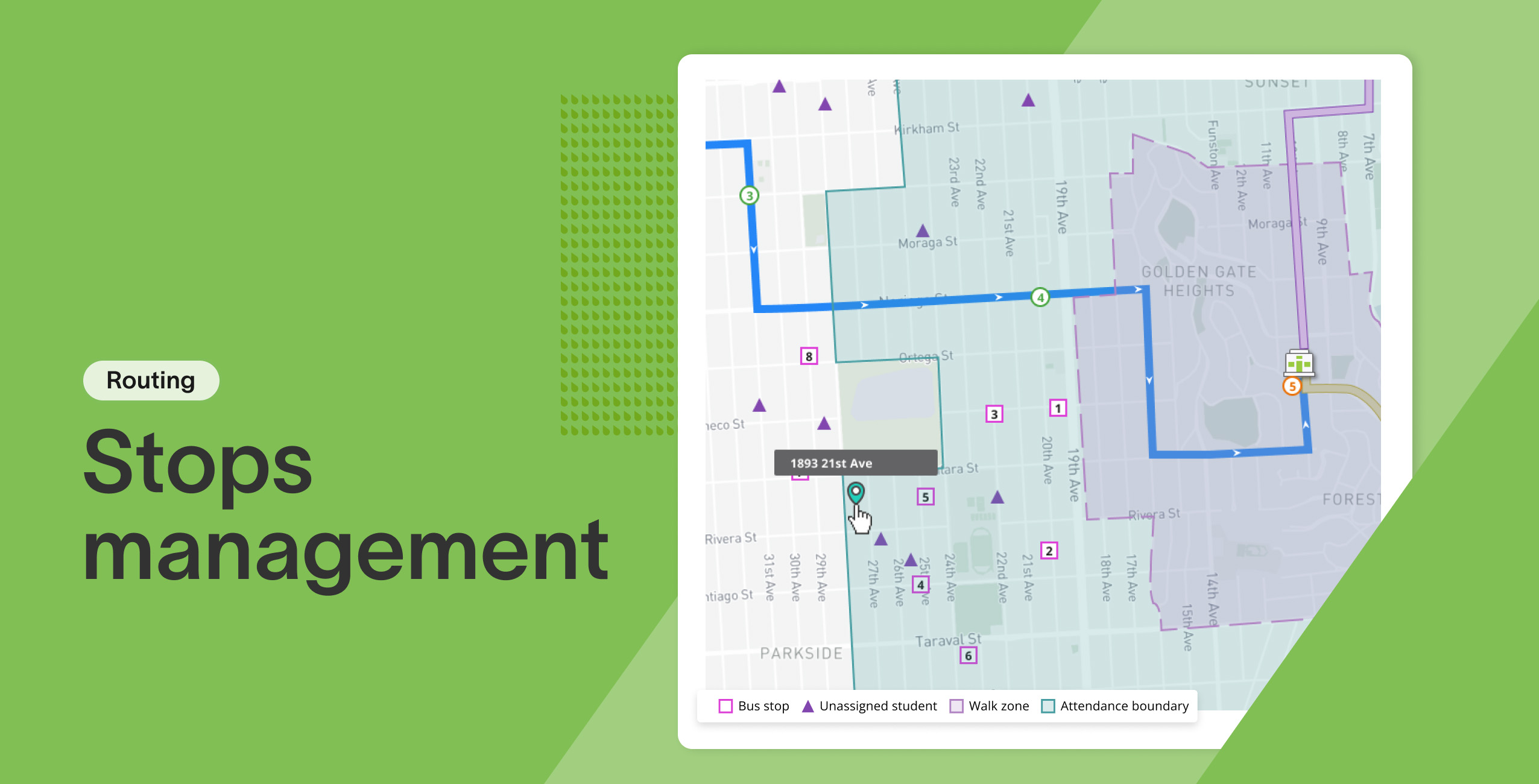 Map displaying a bus route with stops and management features for Zum’s transportation platform.
