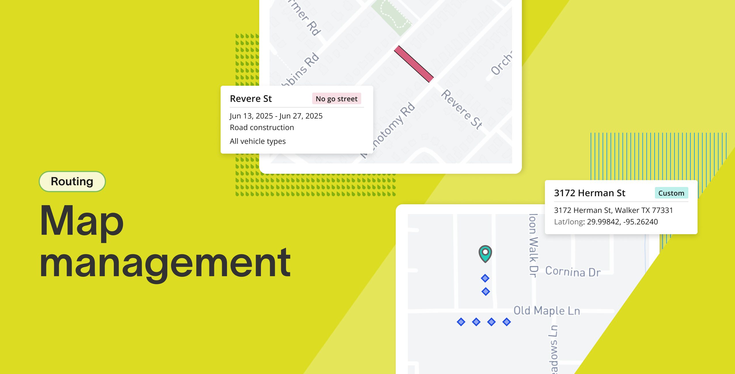 Map management interface showing routing details and road construction alerts for safe navigation.