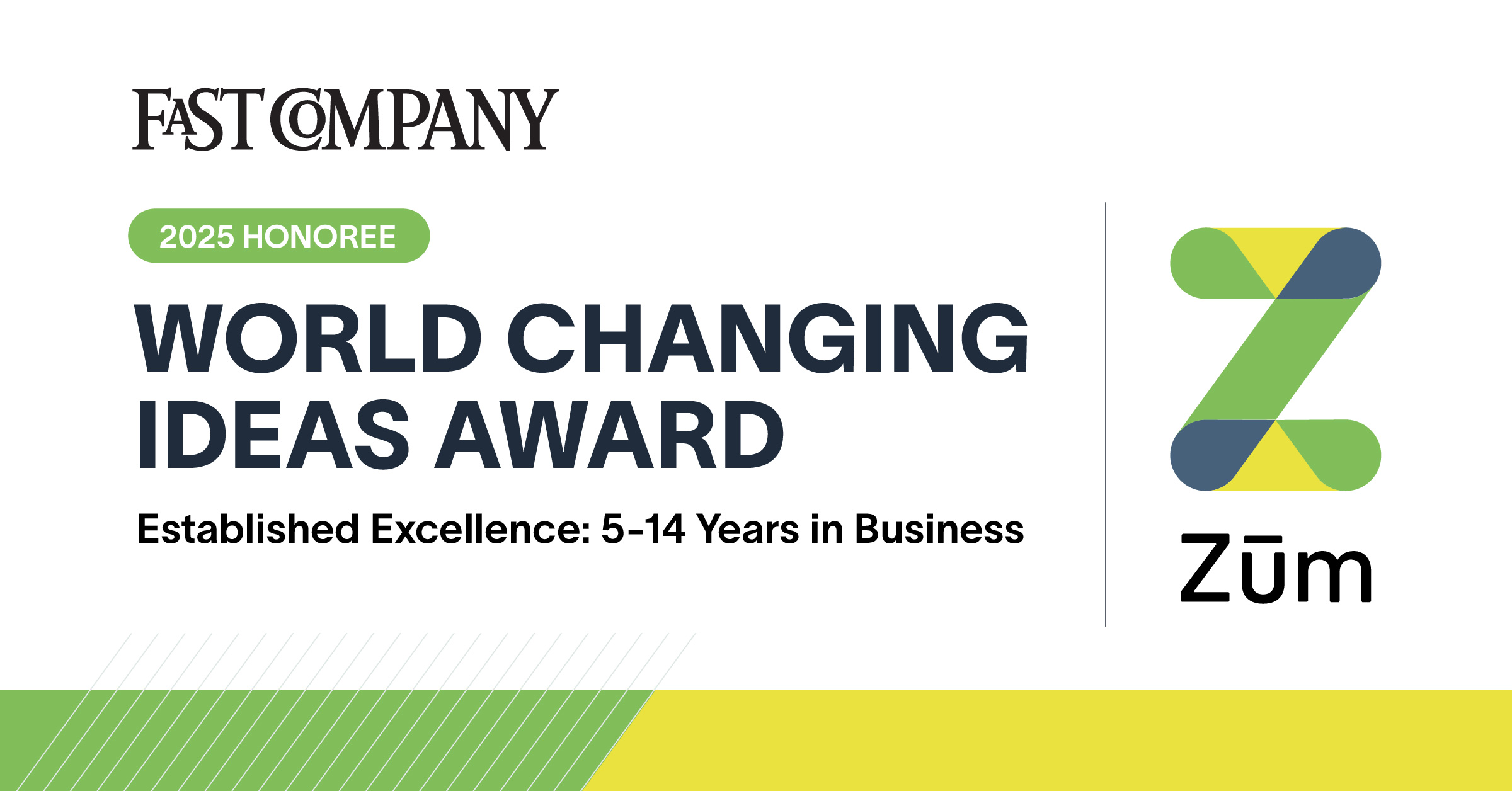 Fast Company 2025 Honoree badge for Zum's World Changing Ideas Award in student transportation.