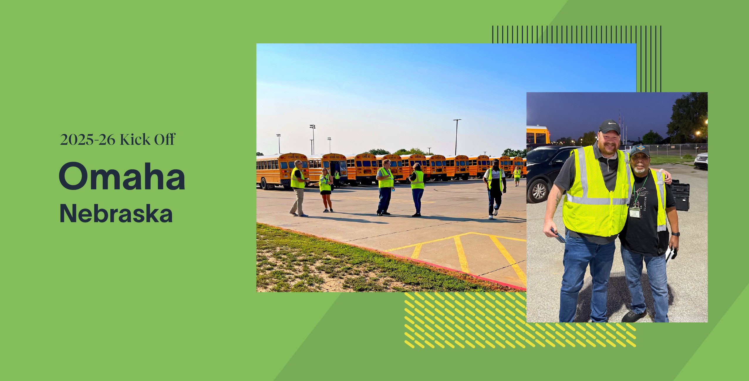 School transportation staff in safety vests at a bus yard in Omaha, Nebraska, preparing for the