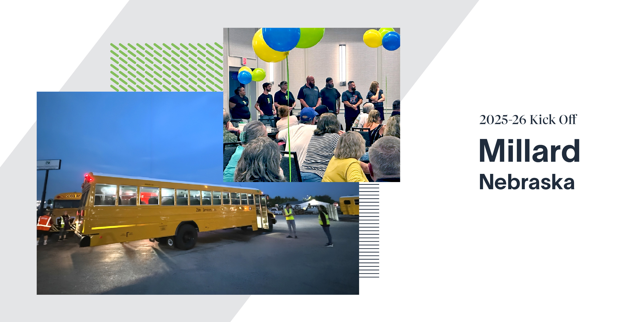 Kickoff event for Millard Public Schools with transportation discussions and a bus outside.