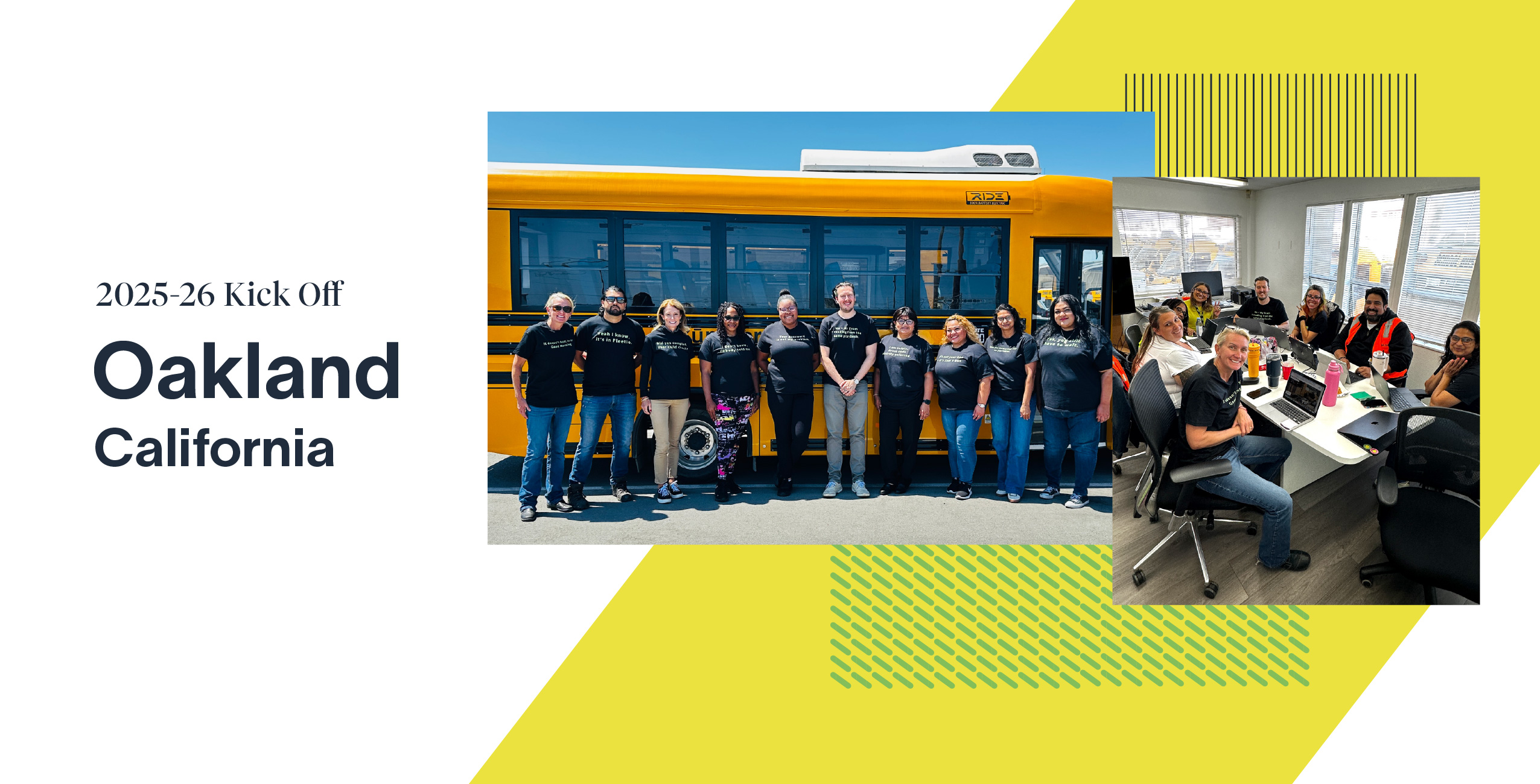 Team members gathered by a yellow bus at the Zum kickoff event in Oakland, California.