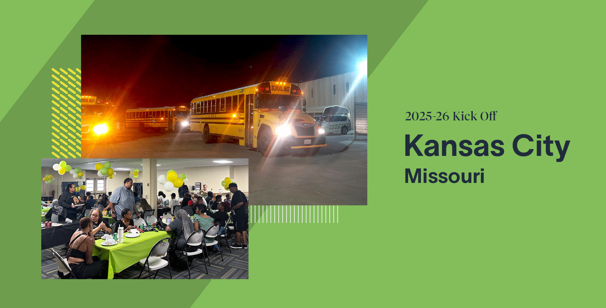 Buses lined up at night, Kansas City event featuring school transportation kickoff with attendees.