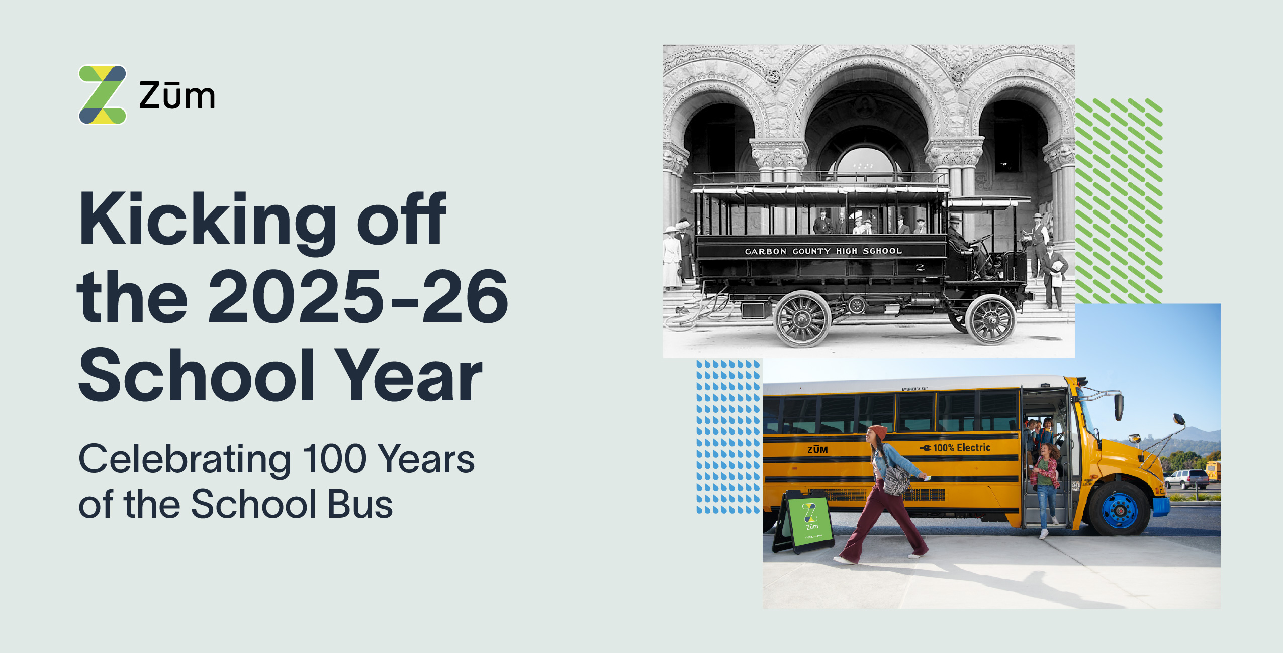 Celebrating the 2025-26 school year with historical and modern school bus images.