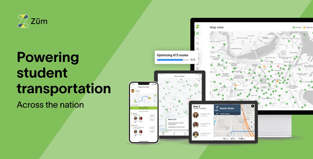 Zum's app and dashboard displayed on multiple devices, showcasing student transportation tracking.