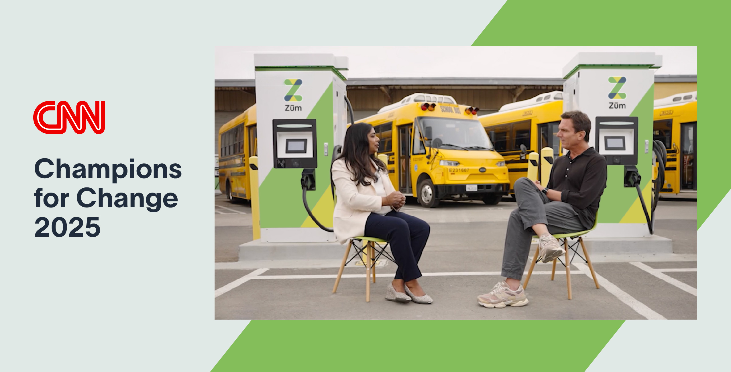 Ritu Narayan interviews at Zum bus yard, showcasing electric buses and charging stations.