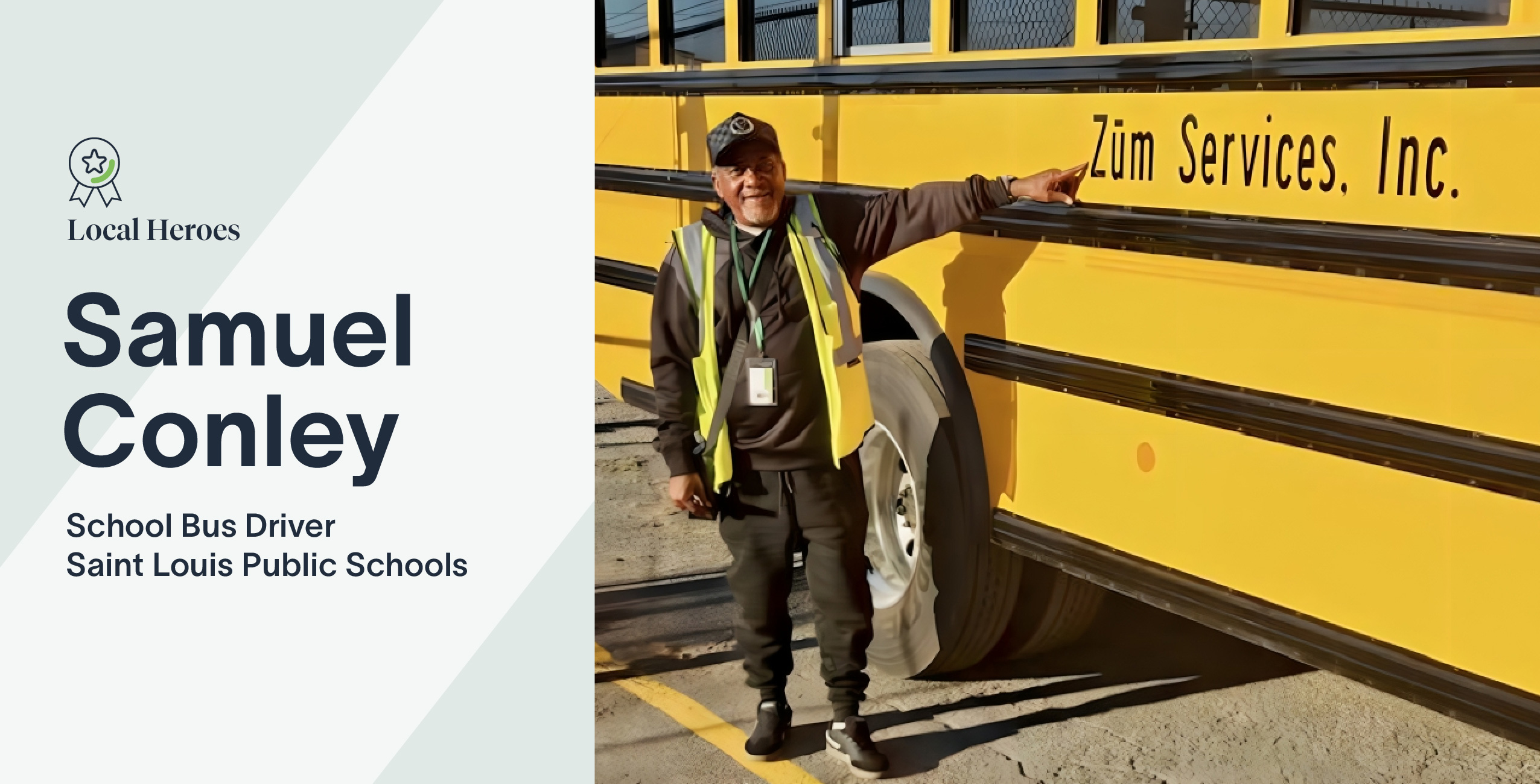 Samuel Conley stands by a yellow school bus, showcasing his role as a driver for Zum Services, Inc.