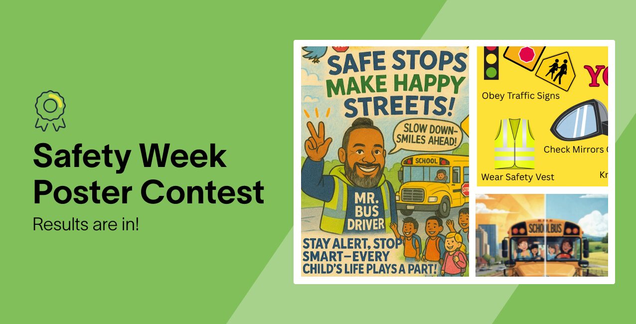Results announcement for a Safety Week Poster Contest featuring vibrant safety-themed illustrations