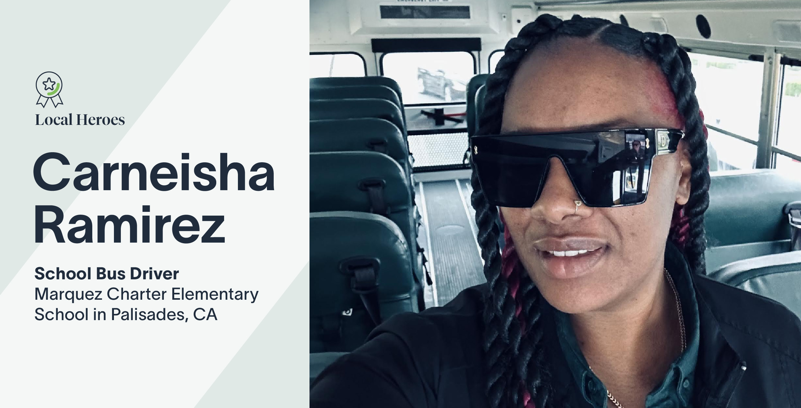 Carneisha Ramirez, a school bus driver, poses inside a bus at Marquez Charter Elementary.
