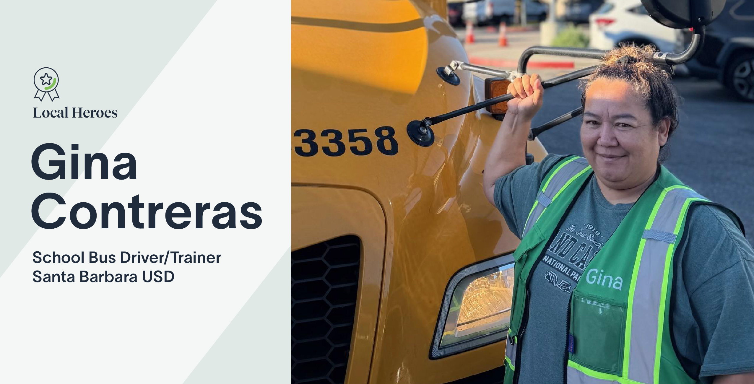 Gina Contreras, a school bus driver/trainer, stands beside a yellow bus with a tool.