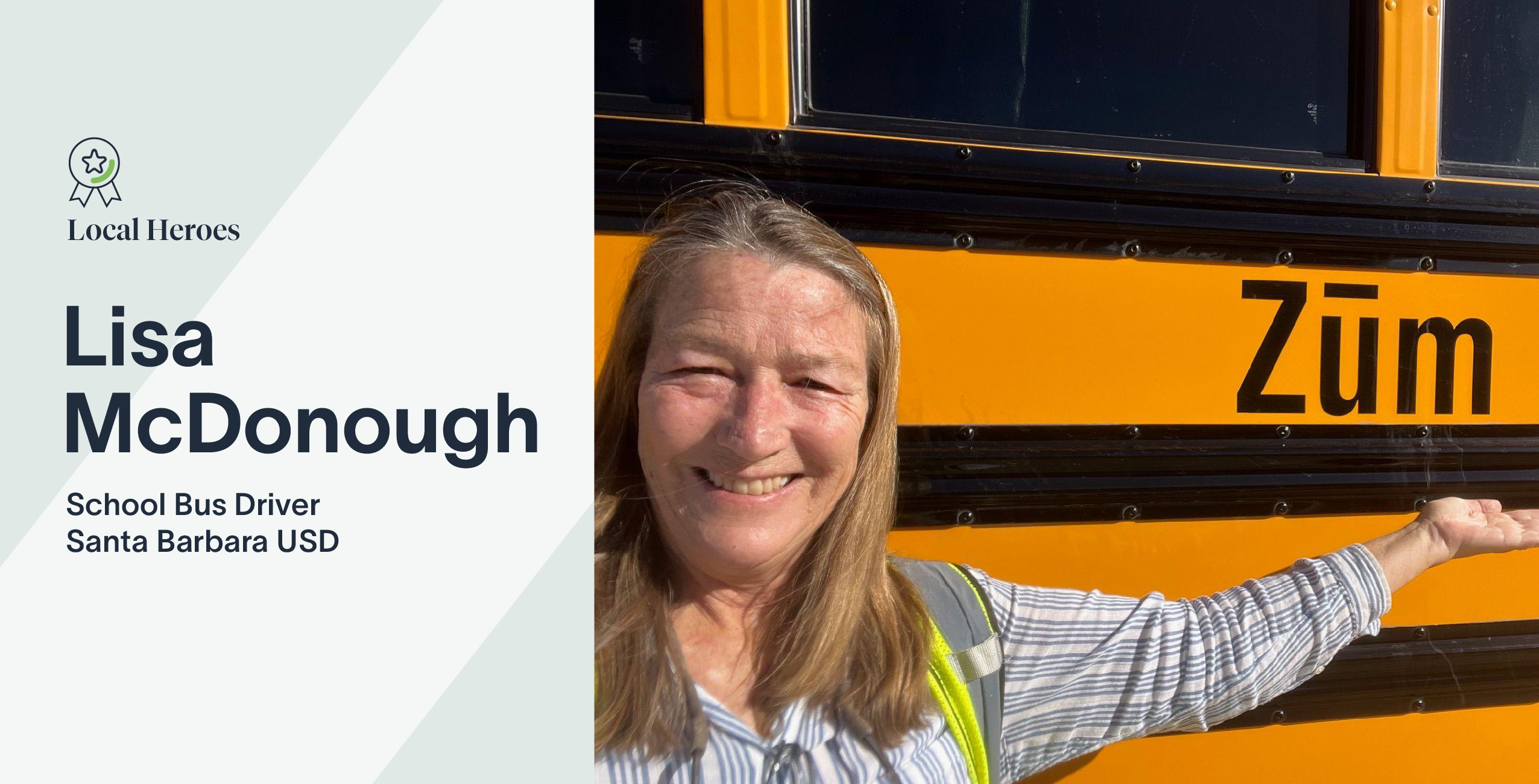 Lisa McDonough, a school bus driver, stands next to a yellow bus with "Zum" visible.