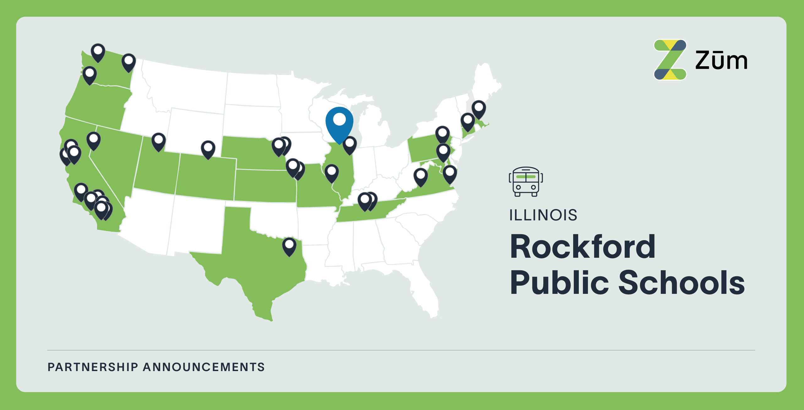 Map of the U.S. highlighting Rockford Public Schools in Illinois, with Zum partnership locations
