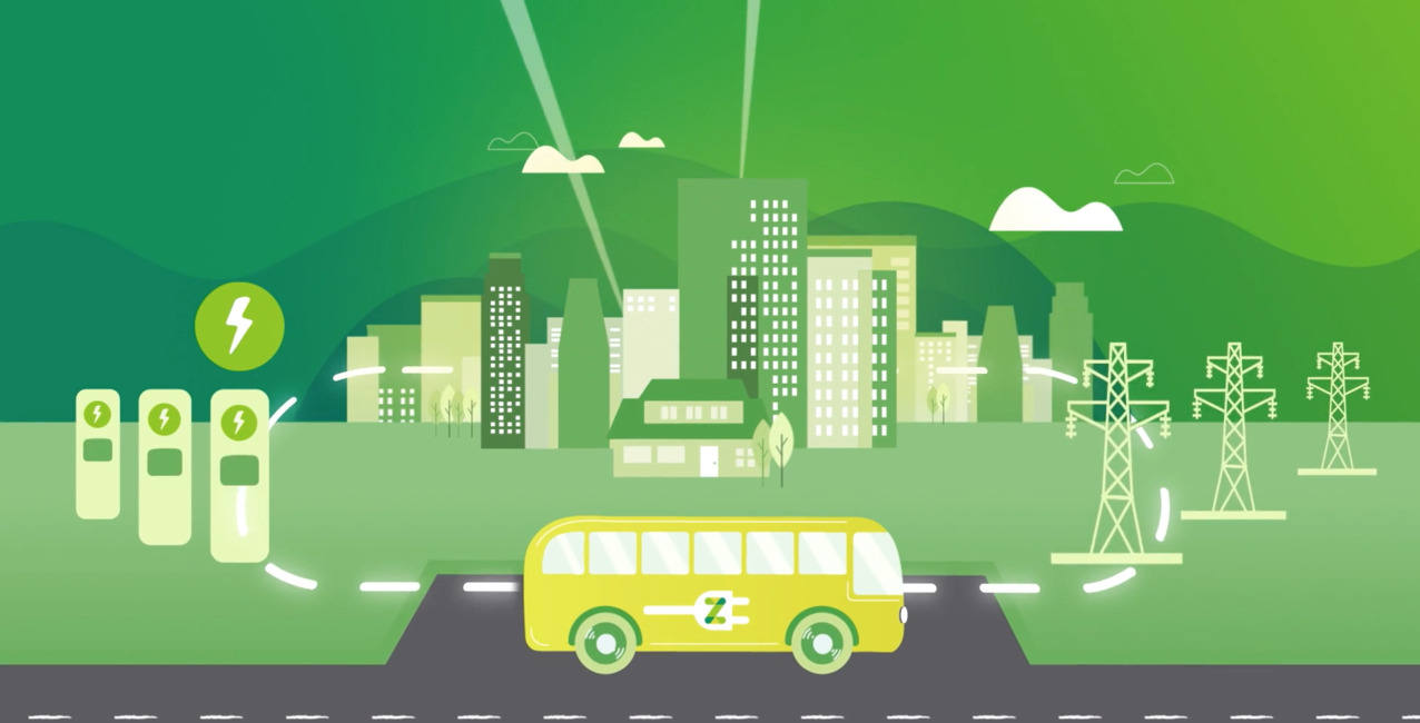 Cityscape with green tones, featuring an electric bus, charging stations, and power lines.