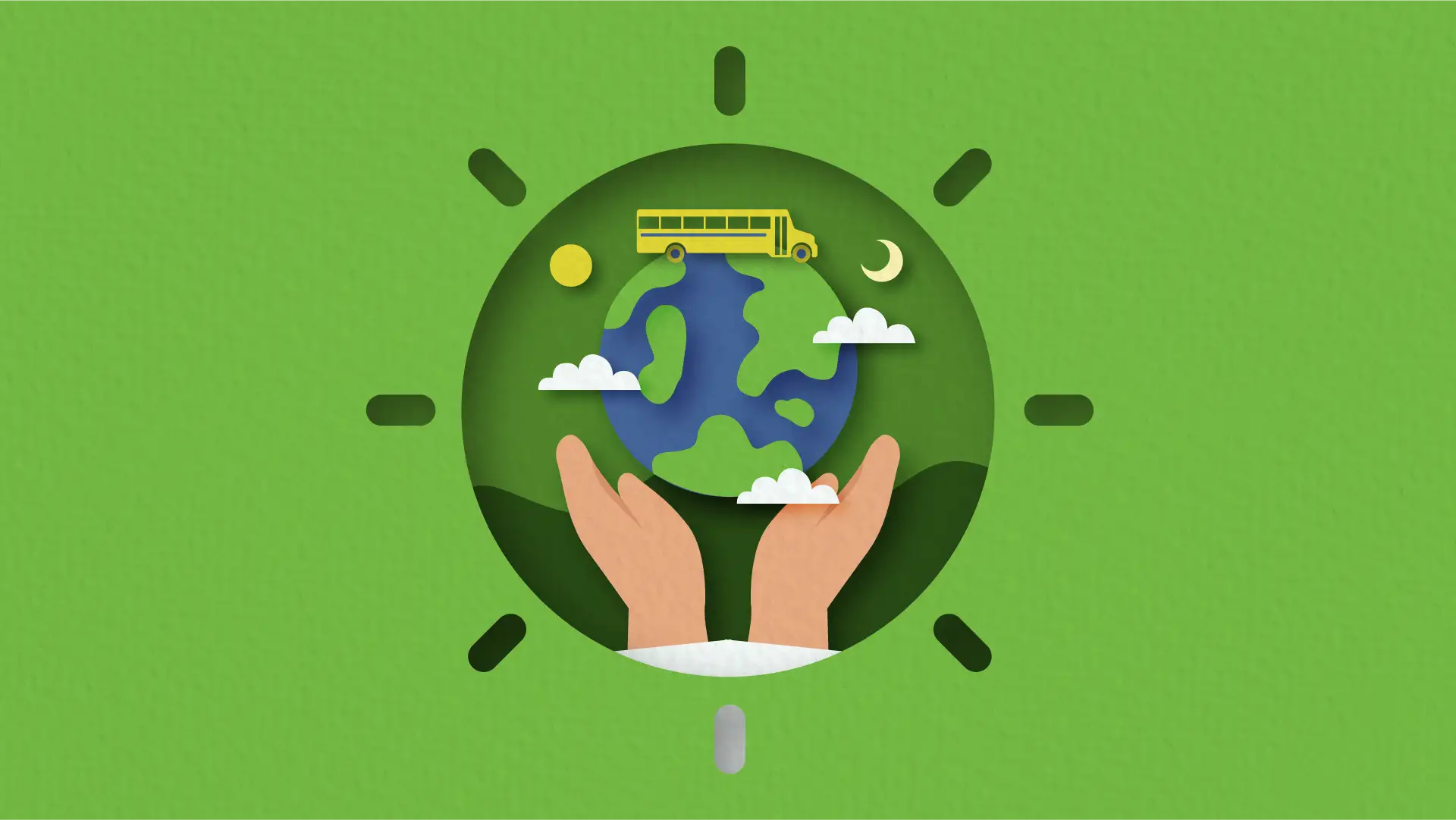Hands holding a globe with a school bus, clouds, sun, and moon on a green background.