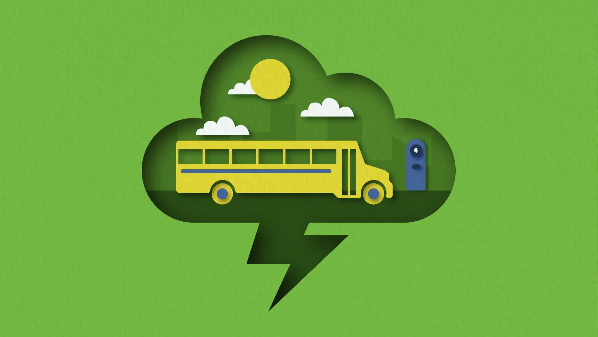 Yellow school bus graphic surrounded by clouds, sun, and a door, set against a green background.