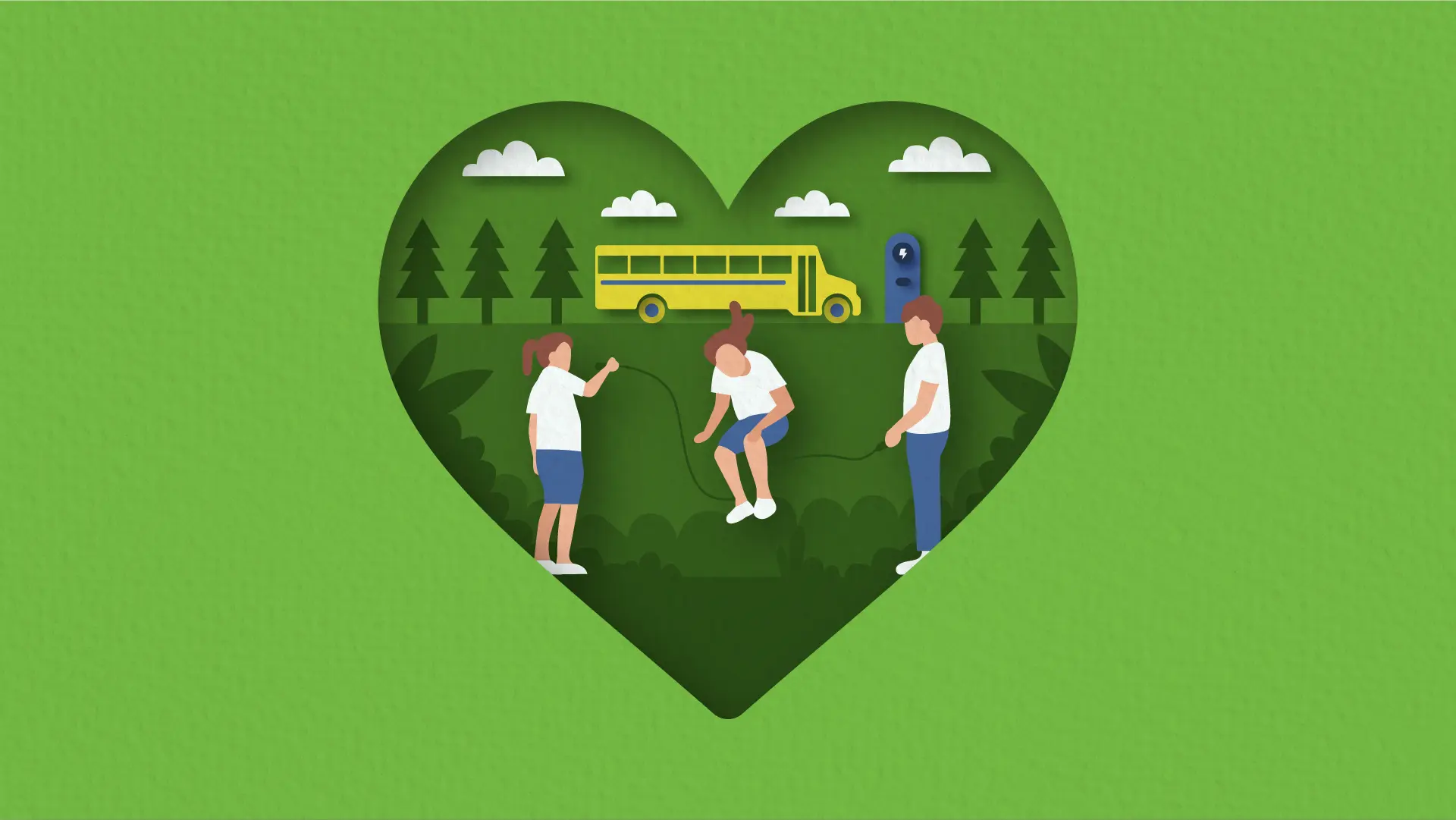 Heart-shaped illustration depicting children playing outdoors with a school bus and tree