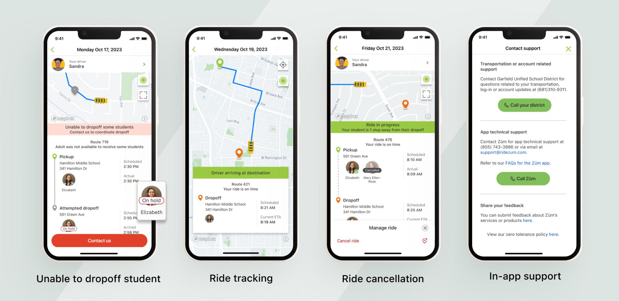 Screenshots of Zum app features: ride tracking, cancellations, drop-off issues, and in-app support.