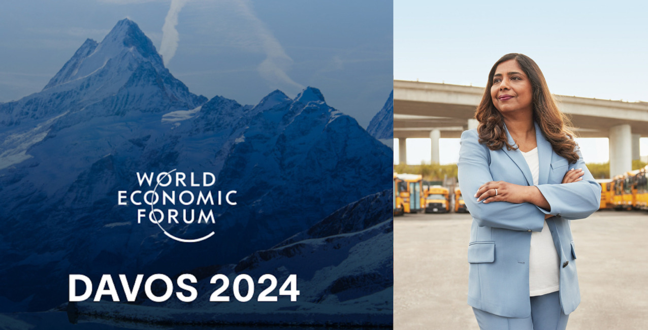 World Economic Forum logo with a woman in a suit, mountain backdrop, and Davos 2024 text.