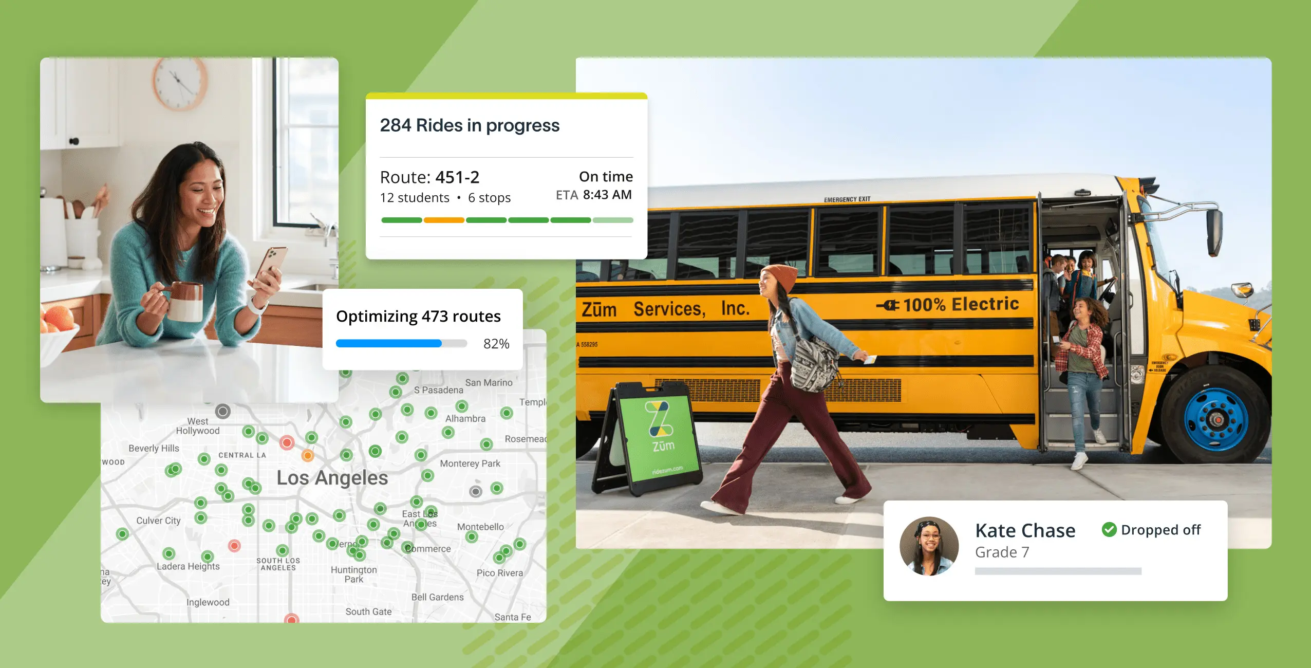 Students boarding a yellow bus; a dashboard shows ride status and route optimization in Los Angeles.