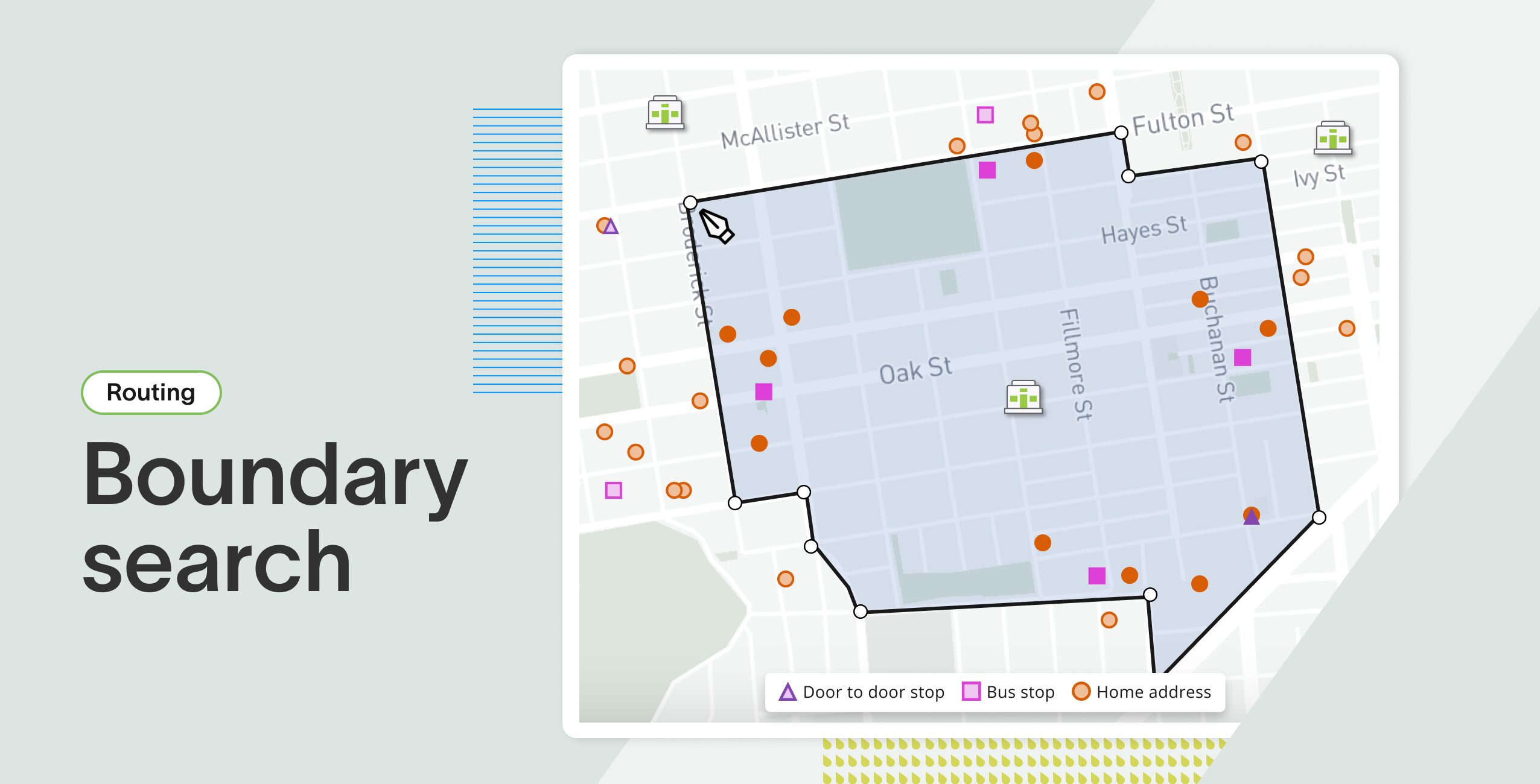 Map showing boundary search area with route options for student transportation services.