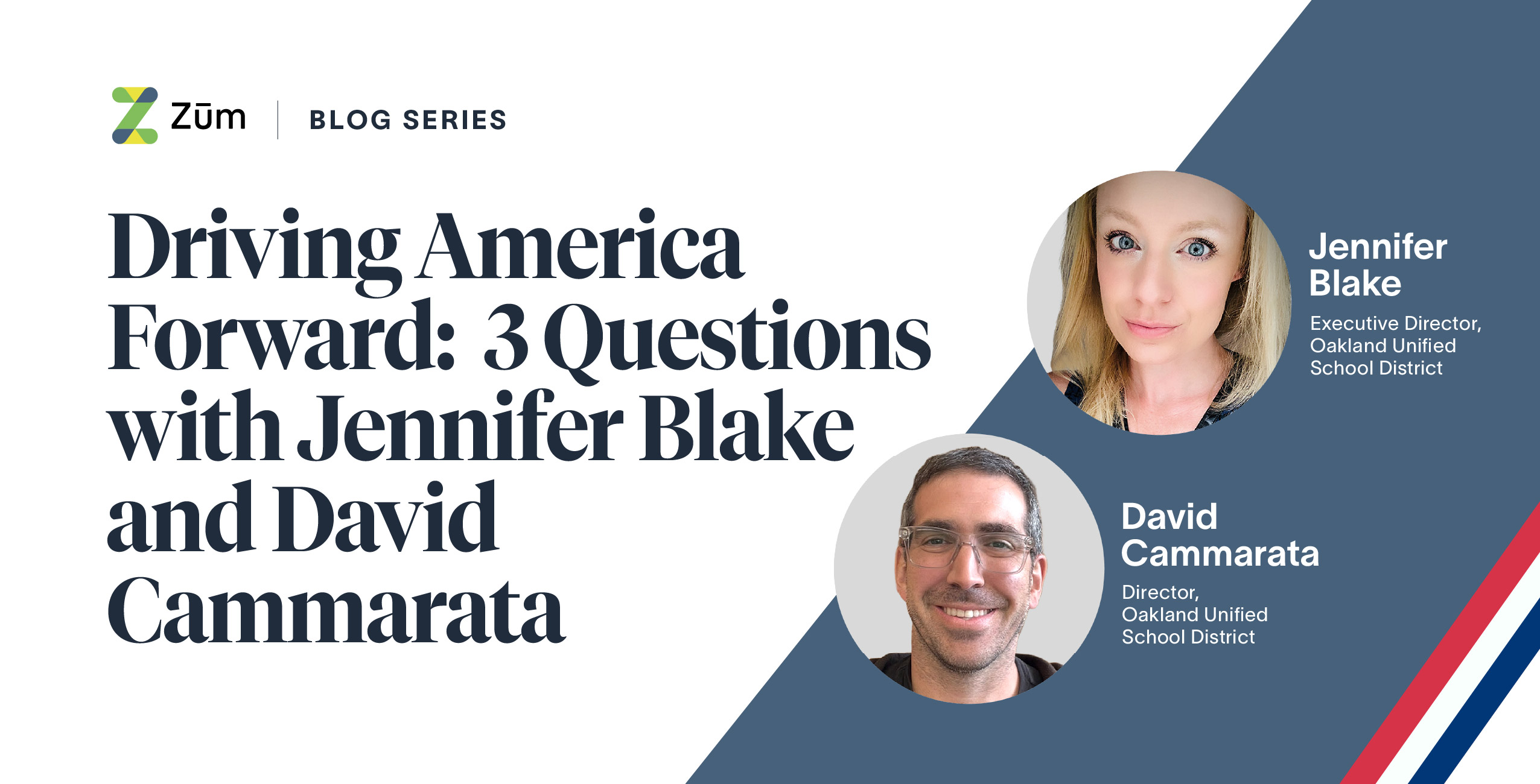 Graphic featuring the title "Driving America Forward" with headshots of Jennifer Blake and David