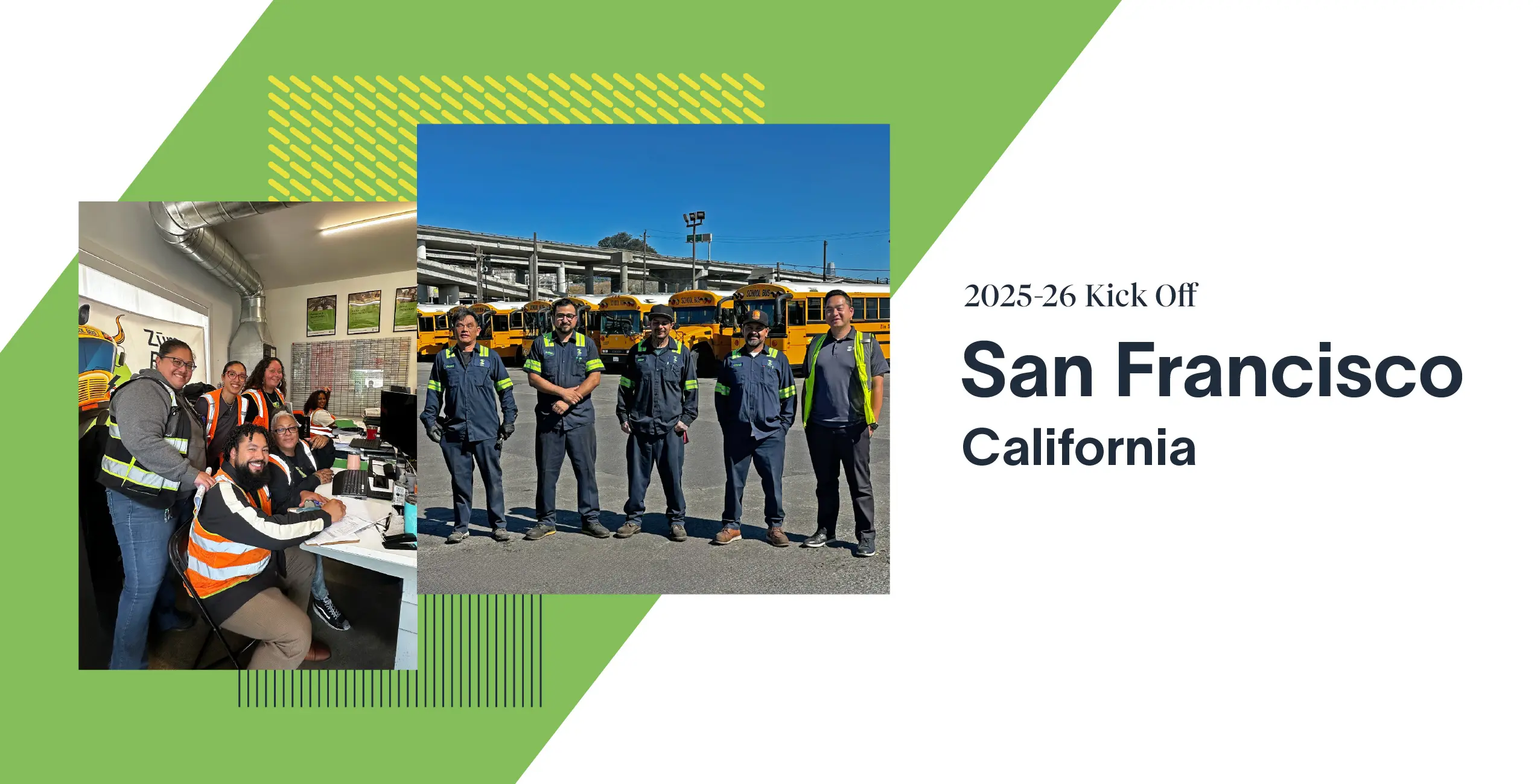 Kickoff event in San Francisco for Zum. Team members pose in front of school buses.
