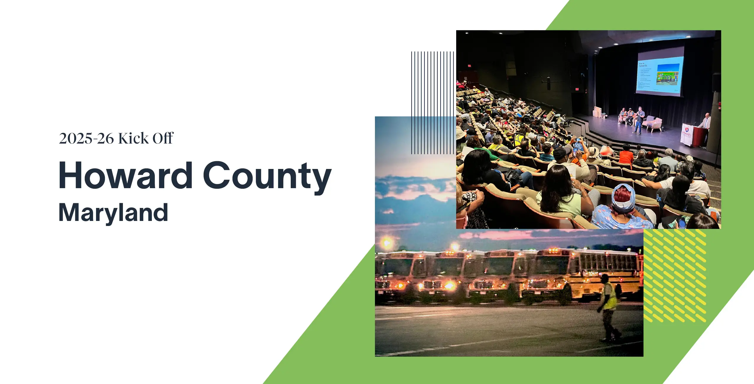 Howard County 2025-26 kickoff event with audience, buses, and presentation on connected