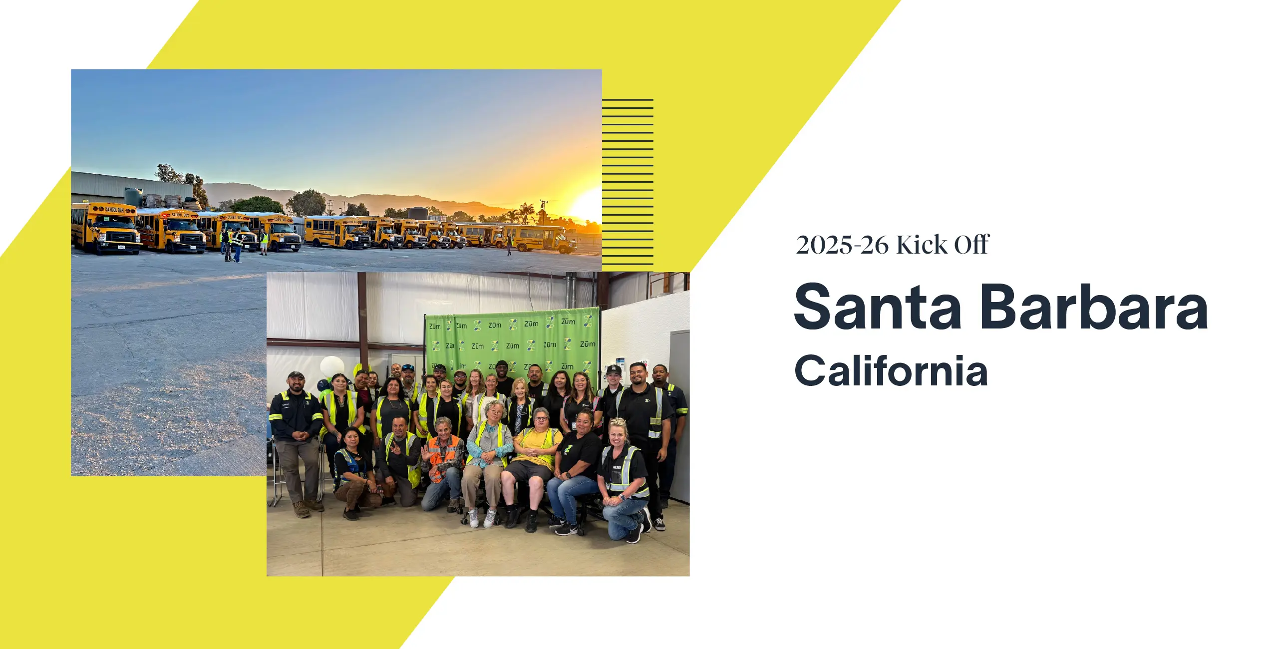 Group of Zum team members at the 2025-26 kickoff in Santa Barbara, with buses in the background.