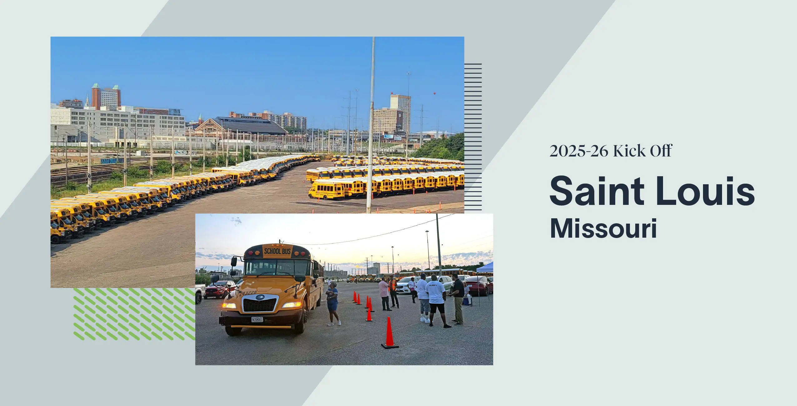 Long rows of yellow school buses parked in a yard with people waiting in line nearby. Saint Louis,