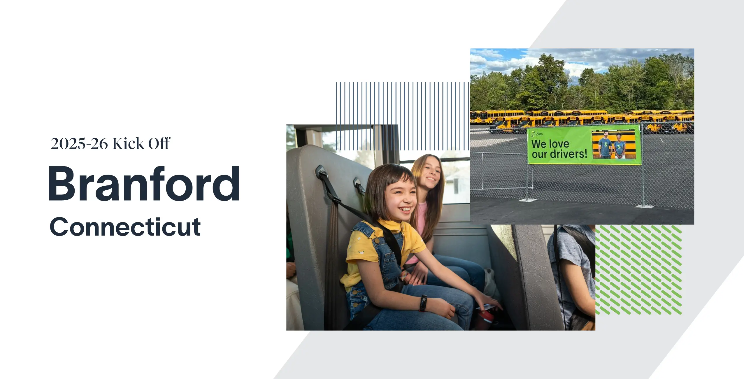 Students on a bus and a sign reading "We love our drivers!" at a bus yard in Branford, CT.