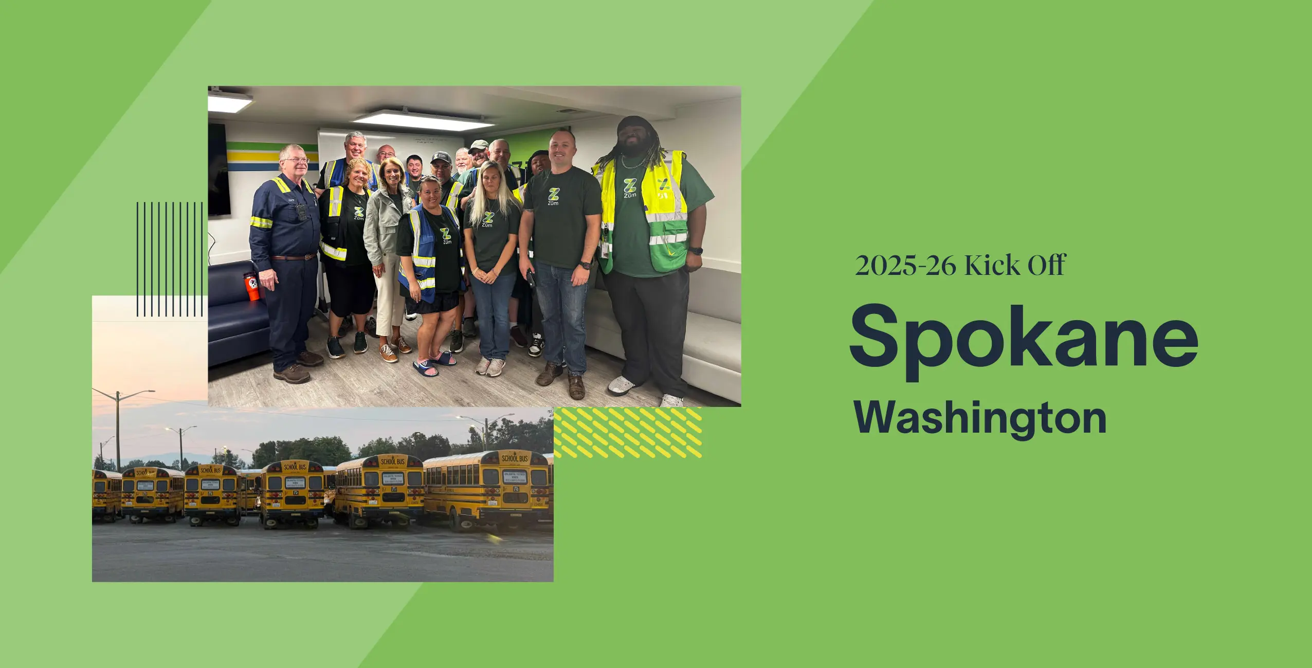 Group of Zum employees at a kickoff event in Spokane, WA, with school buses in the background.