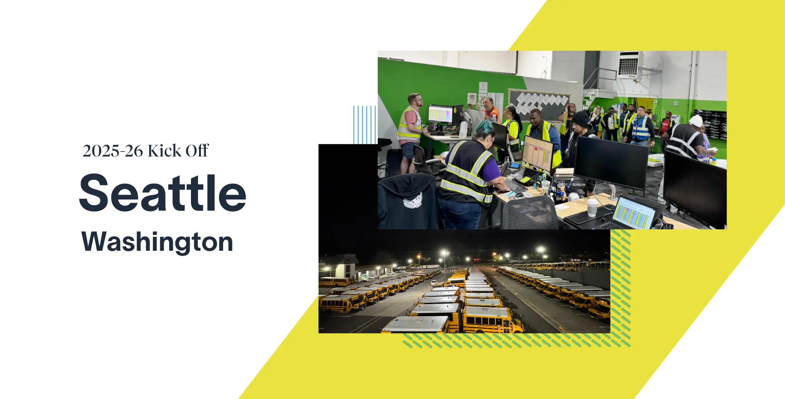 Team members in safety vests work in a bus yard setting for Zum's kickoff event in Seattle.
