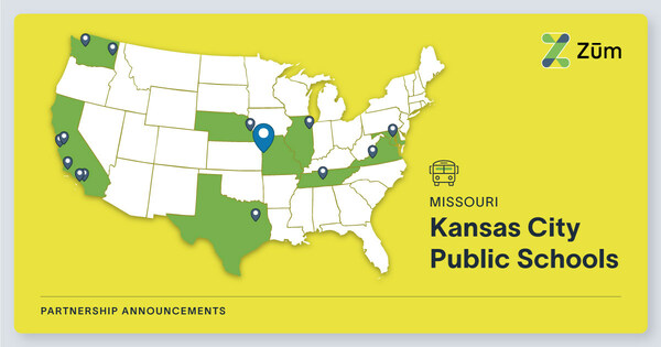 Map of the USA highlighting Missouri and Kansas City Public Schools with Zum partnership pins.