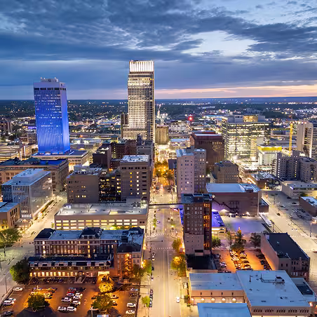 Zum service area – downtown Omaha, Nebraska skyline at dusk