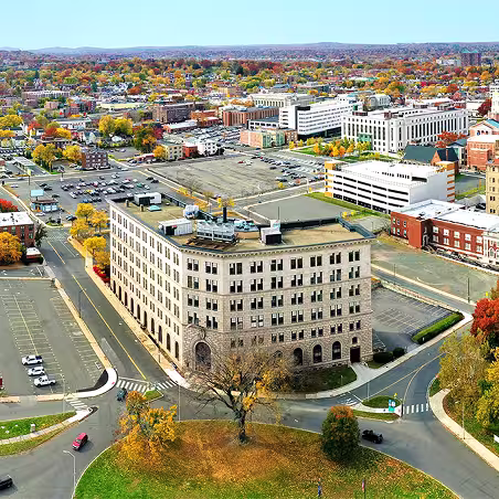 Zum service area – aerial view of Branford, Connecticut buildings