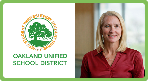 Executive portrait of a woman smiling, with the Oakland Unified School District logo beside her.