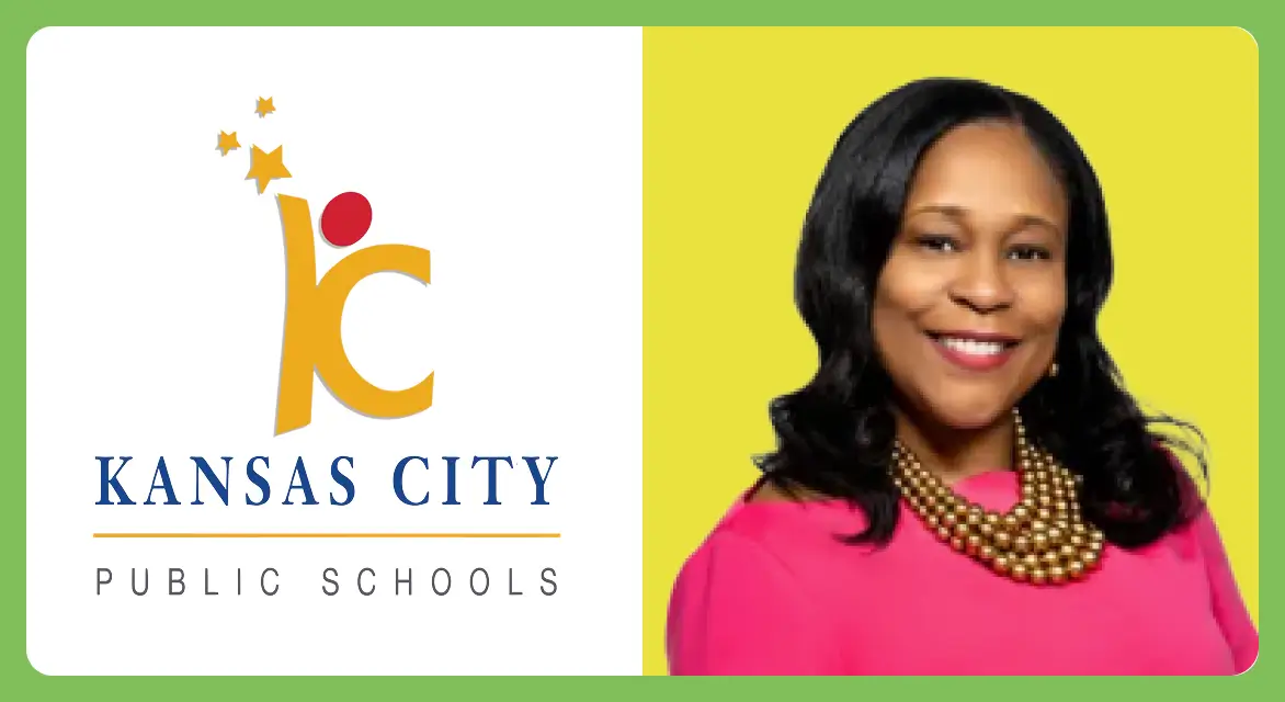 Kansas City Public Schools logo alongside a smiling woman in a pink top and pearl necklace.