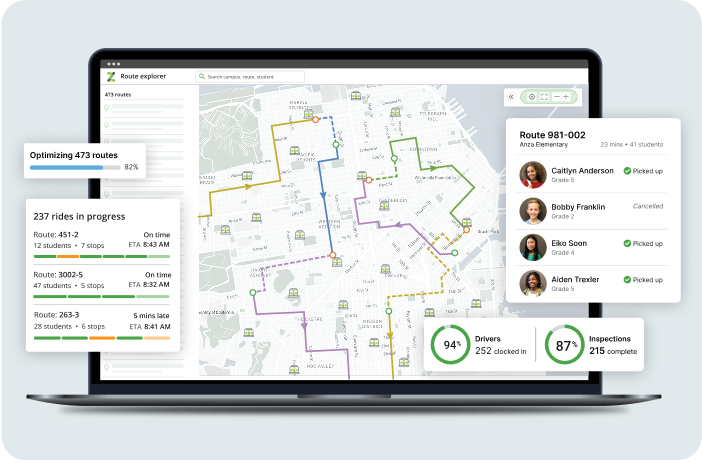 Map interface showcasing route optimization, progress, and driver details for school transportation.