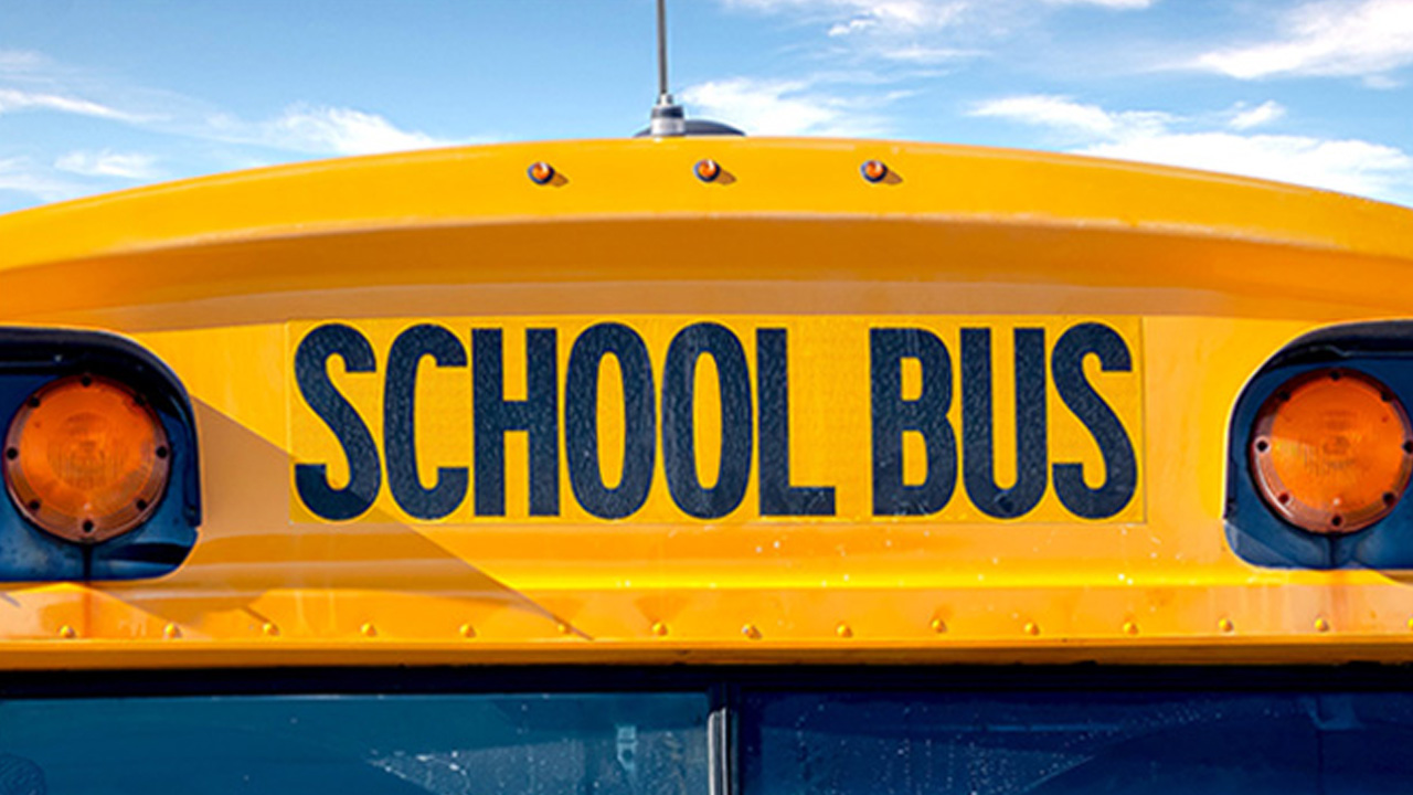 Yellow school bus with "SCHOOL BUS" written in bold black letters on the rear.