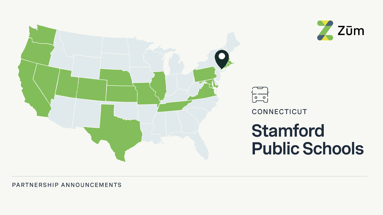 Map of the U.S. highlighting states in green where Zum partners with Stamford Public Schools.