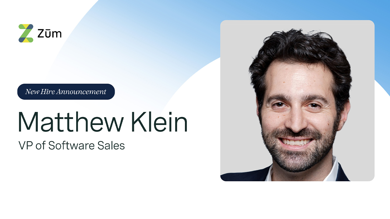 Matthew Klein smiling, announced as VP of Software Sales at Zum. Professional headshot.