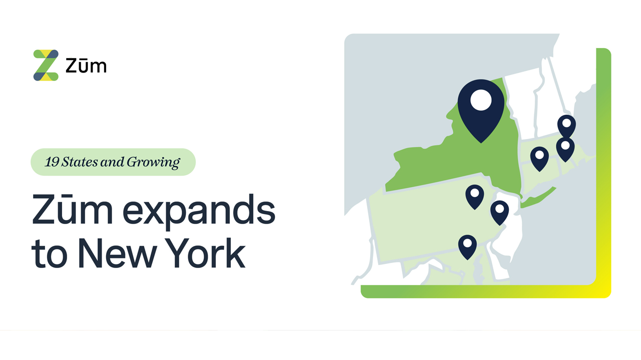 Map highlighting New York with a pin, indicating Zum's expansion to the state.